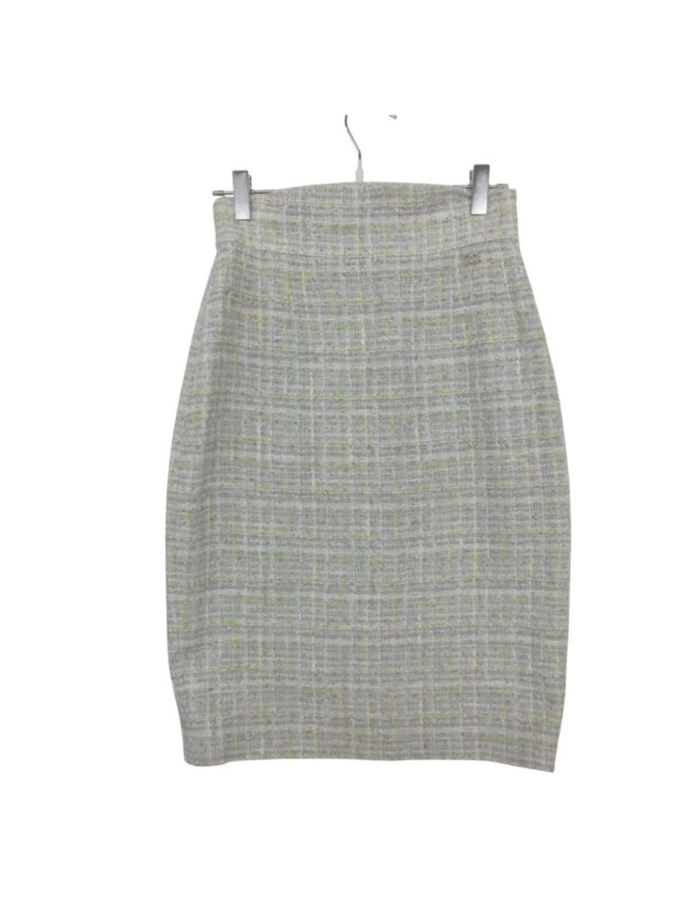 Chanel Skirt Fitted Knee-Length Glitter Tweed CC Logo Gray Yellow